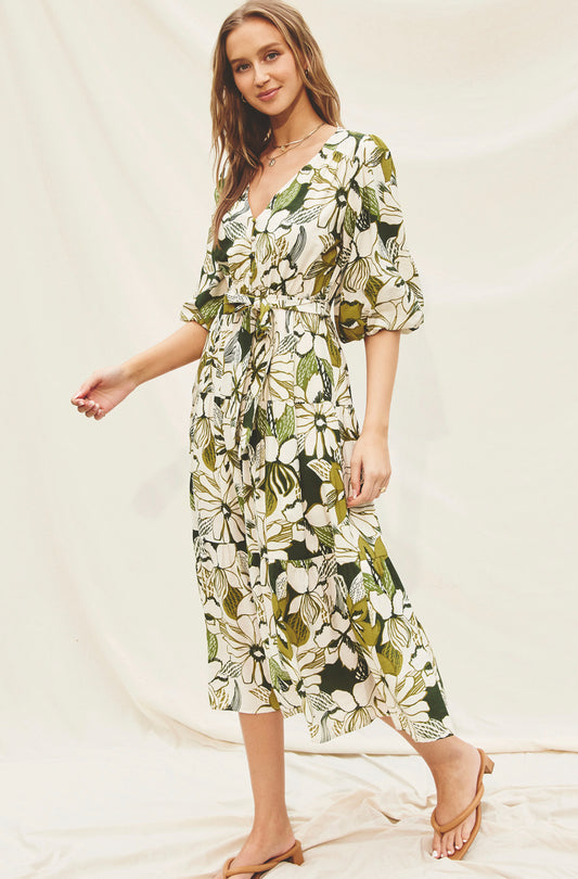 Green Floral Balloon Sleeve Dress