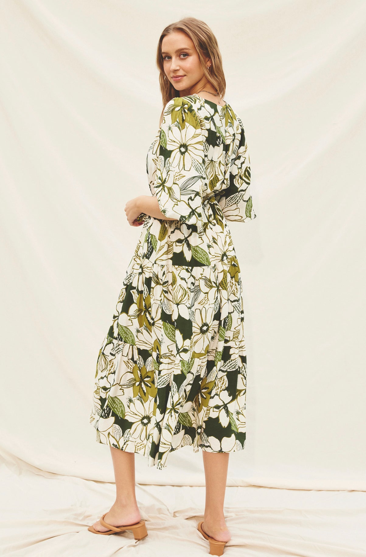 Green Floral Balloon Sleeve Dress