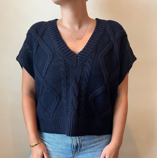 Navy Cable Knit V Neck Vest