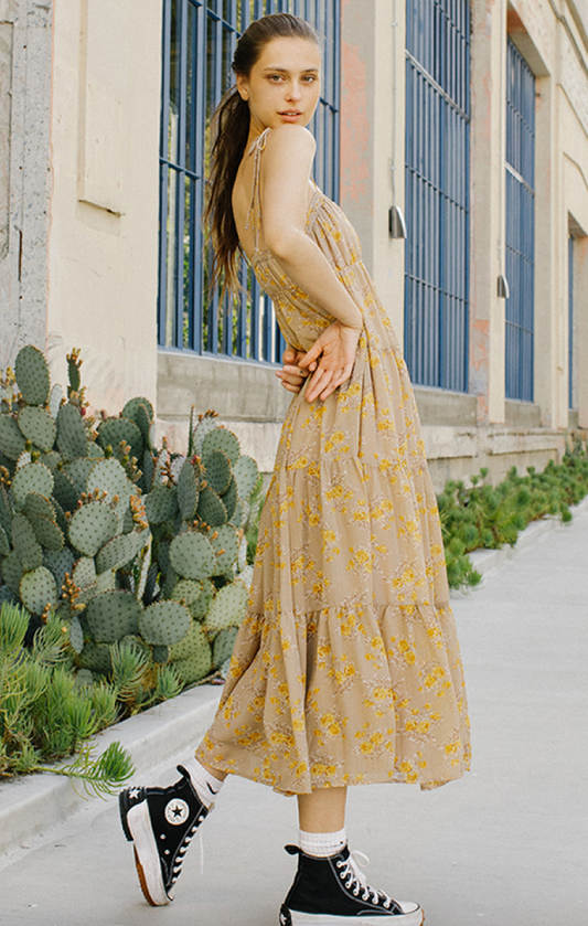 Tan and Yellow Floral Maxi Dress