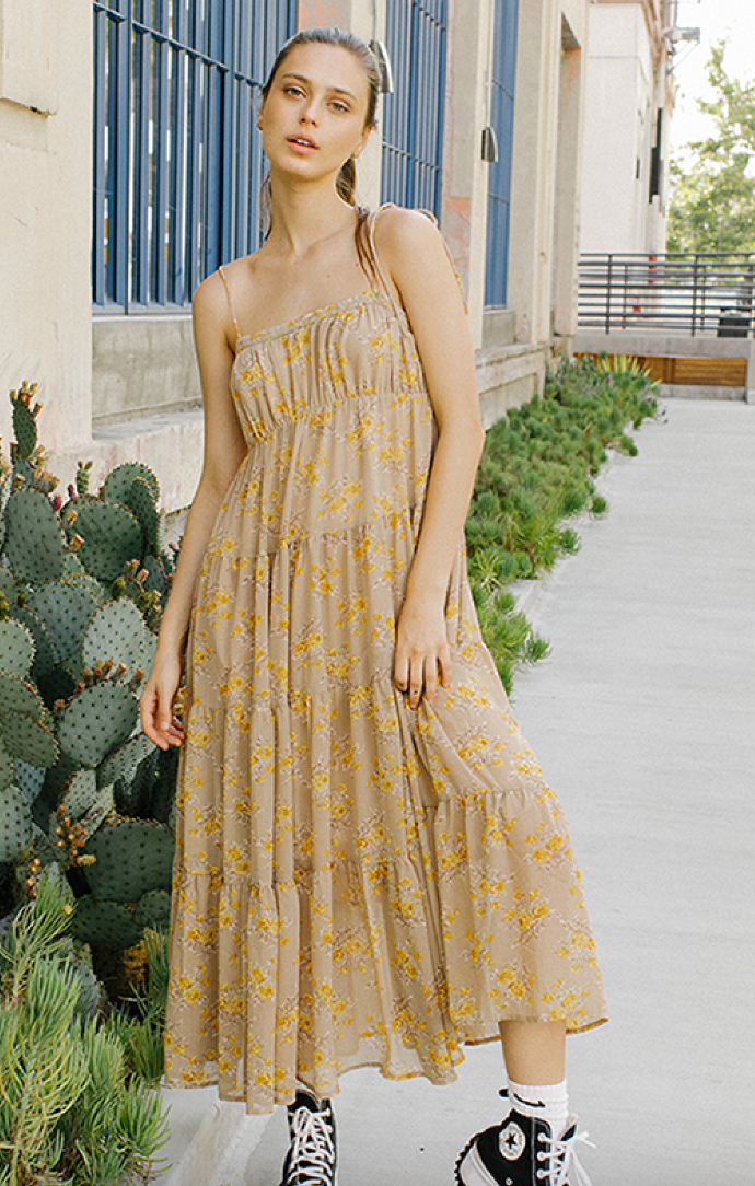 Tan and Yellow Floral Maxi Dress