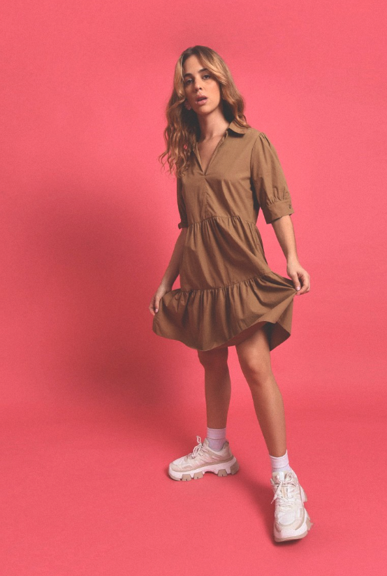 Khaki Vneck Flare Dress